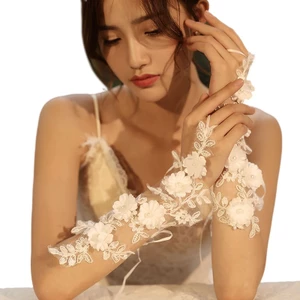 OXXGGKAO Nữ Trắng Dài Ngón Rỗng Găng Tay Cưới Thêu Hoa Nhân Tạo Giả Ngọc Trai Trang Sức Cô Dâu C