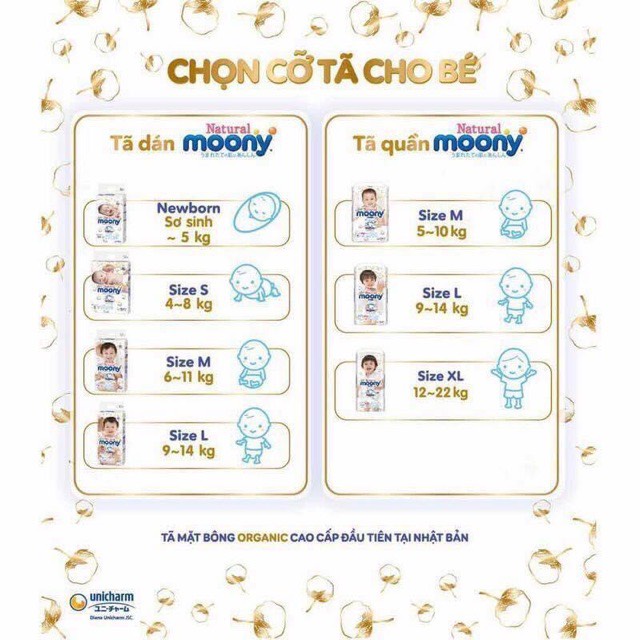 Bỉm Moony Natural Moony Natural Chính Hãng - Bỉm Moony Dán/Quần Đủ Size NB63/S58/M48/L36/XL32