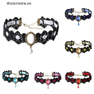 Vòng Cổ Choker Dây Nhung Đen Đính Đá Pha Lê Phong Cách Gothic Cổ Điển