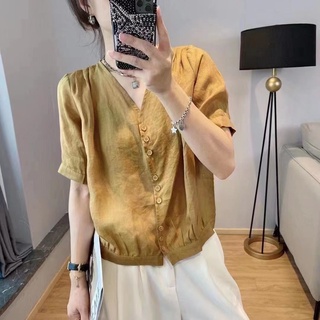 Vải lanh Cotton nữ tay ngắn cổ chữ V dáng rộng