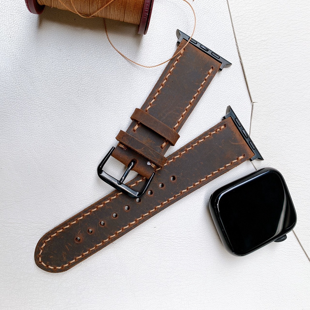 Dây đeo Apple Watch da bò 2 lớp nâu đậm, đủ seri 1,2,3,4,5,6... 38mm,40mm,42mm,44mm