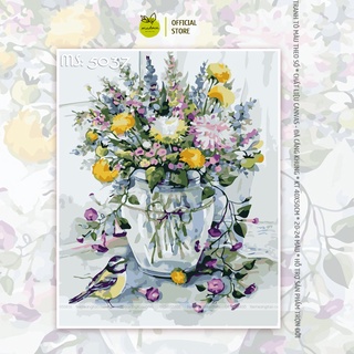 Tranh tô màu số hóa Madoca có khung 40x50cm bình hoa đồng nội với chú chim nhỏ T5037