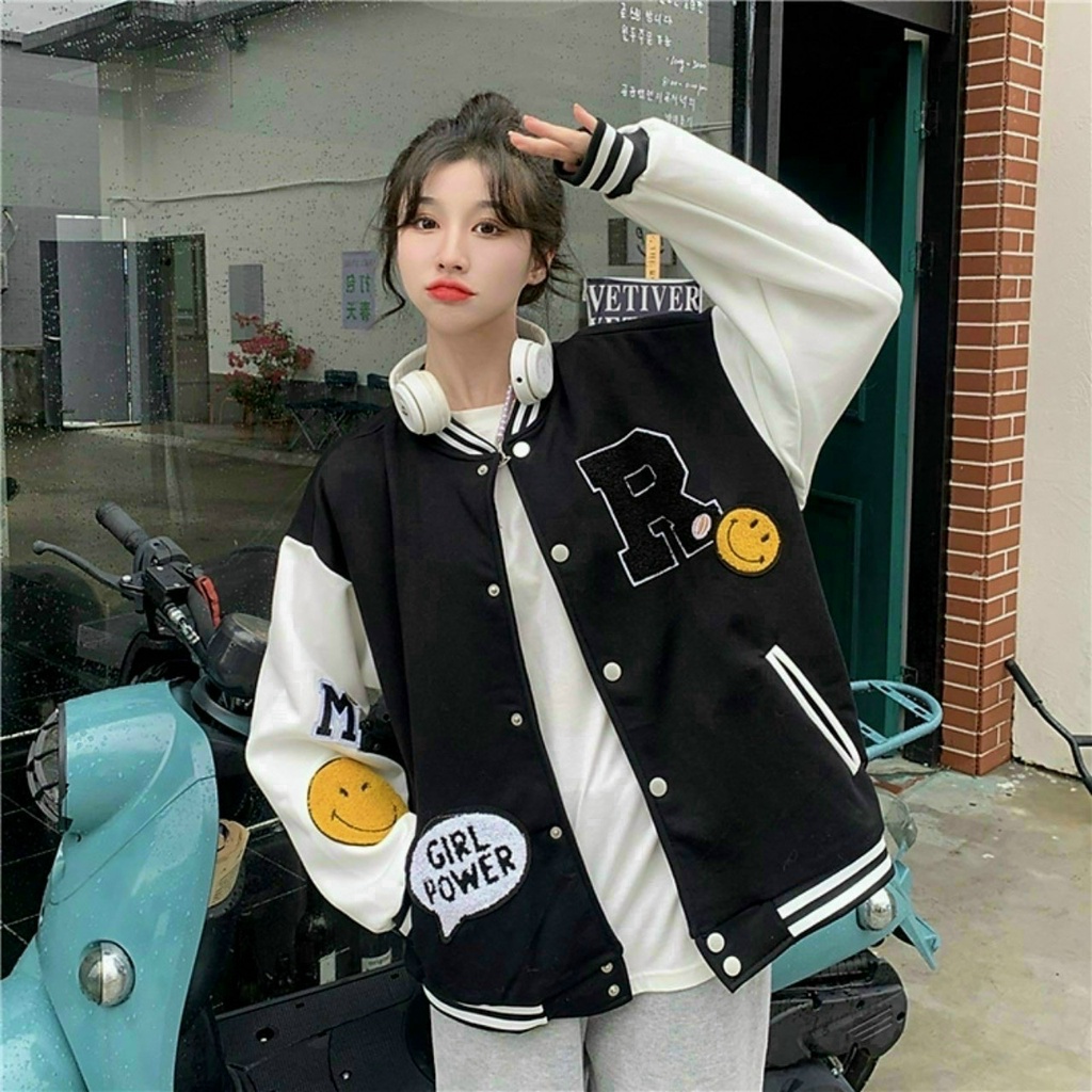 Áo khoác nữ thêu chữ R 2 màu trắng đen MẶT CƯỜI GIRL POWER cực đẹp ...