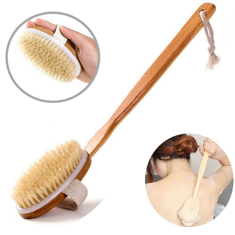 Bàn chải tắm mặt sau Scrub Bath Body Wood Làm sạch tay cầm dài Tự nhiên