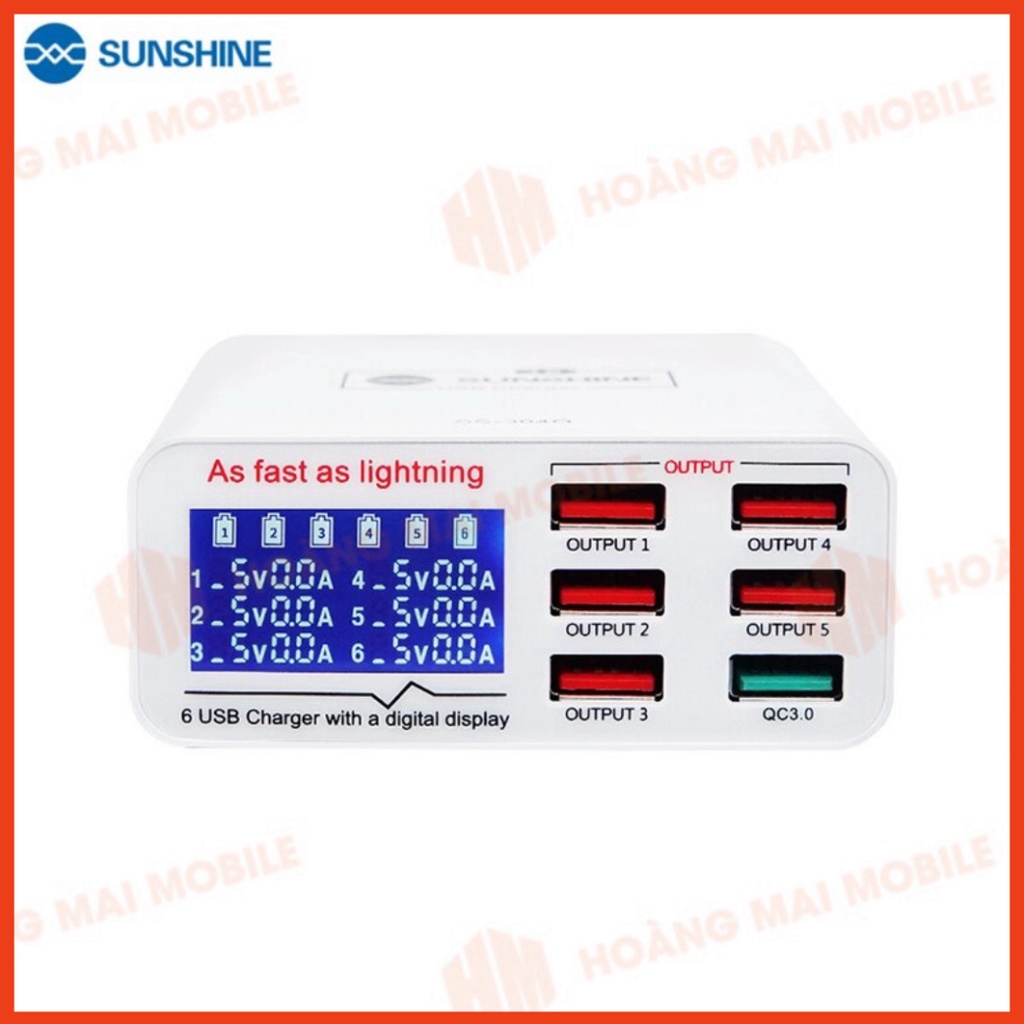 Sạc nhanh SUNSHINE SS-304Q 40W 6 cổng: 4 USB-A + QC3.0 + Type-C/PD