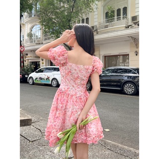 Somee studio Cherry dress Váy tơ xước hoa cổ vuông bèo gấu
