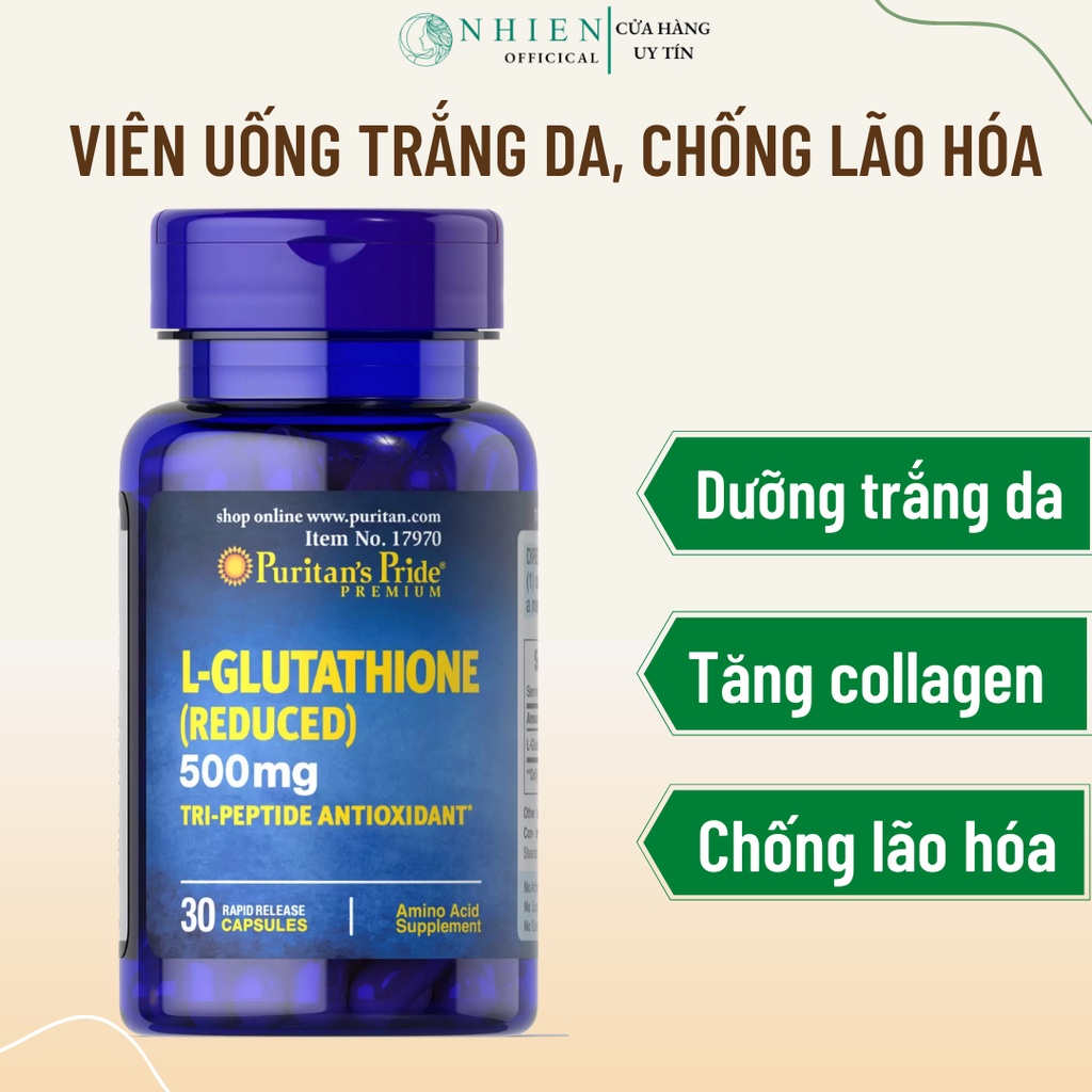 Viên uống L-Glutathione 500mg trắng da, sáng da Puritan's Pride 30 viên