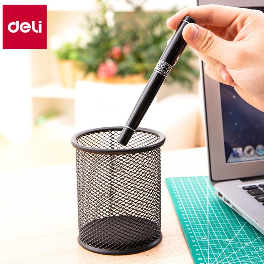 Cốc đựng bút, cọ trang điểm, phụ kiện để bàn kim loại cao cấp Deli -Thiết kế dạng lưới màu đen sạch sẽ, tiện lợi - E9172