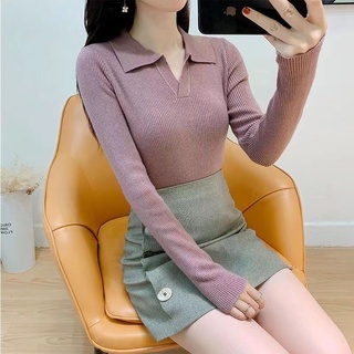 Phong Cách Hàn Quốc Nữ Nữ Thu Đông Mỏng Dệt Kim Dệt Kim Đan POLO Cổ Áo Dài Tay Áo Sơ Mi Áo Baju Baju Wanita Lengan Panjang