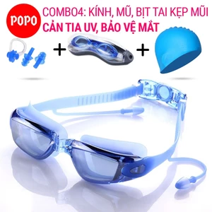 Kính bơi kèm bịt tai POPO 1940, kèm mũ chống tia UV hạn chế sương mờ