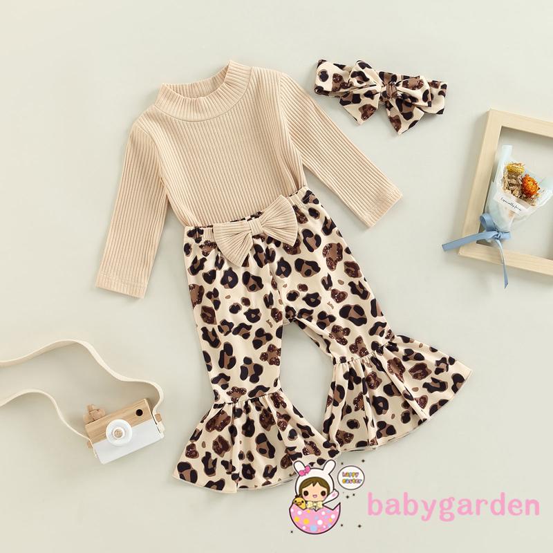 Set Áo Liền Quần & Quần Dài & Băng Đô Quấn Đầu In Họa Tiết Da Báo Cho Bé Gái 0-18 Tháng Tuổi