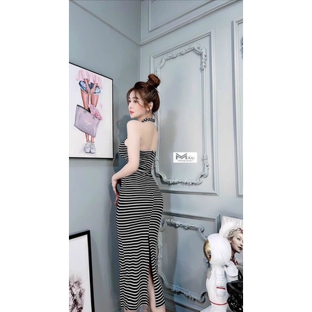 Đầm yếm maxi dài thun gân sọc xẻ tà 2 màu