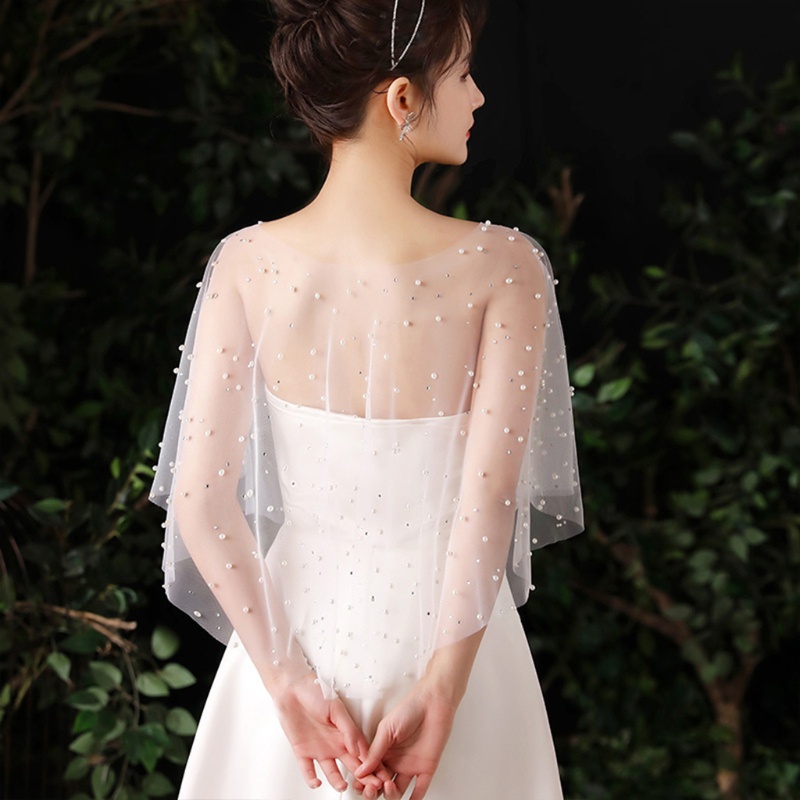 Khăn Choàng Vải Tuyn Xếp Ly Đính Hạt Ngọc Trai Màu Trắng Phong Cách Bolero Vintage Dành Cho Bạn Nữ Mặc Trong Tiệc Cưới