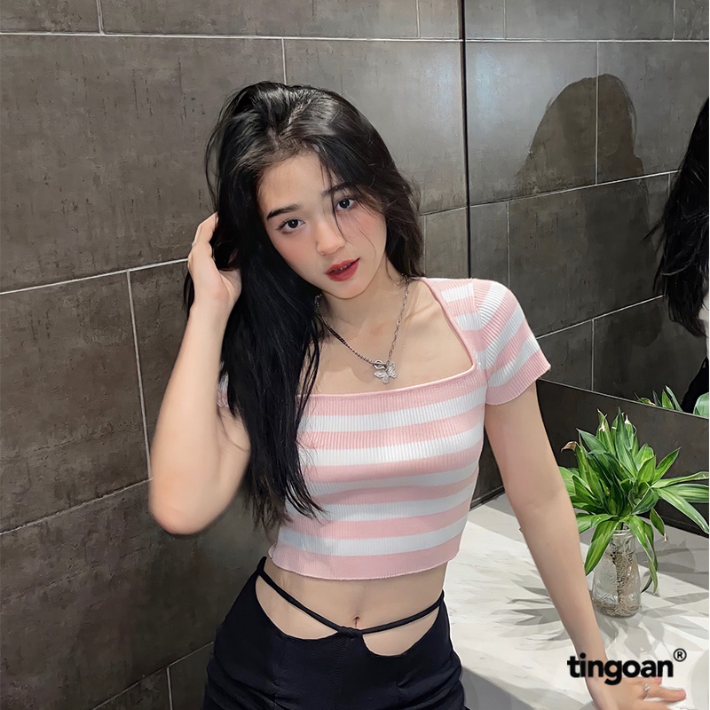 Mô tả TINGOAN® Áo len crop lửng ngắn tay cổ vuông kẻ trắng hồng BORA BORA TOP/PK phiên bản mới nhất tháng 6.2024 - 1