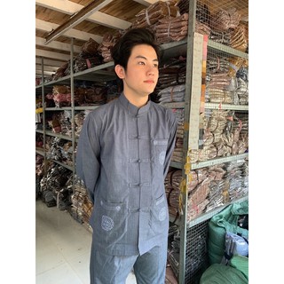 Thời trang nam - Đồ lam, nam thêu túi dài tay, đồ lam nam mặc đi chùa