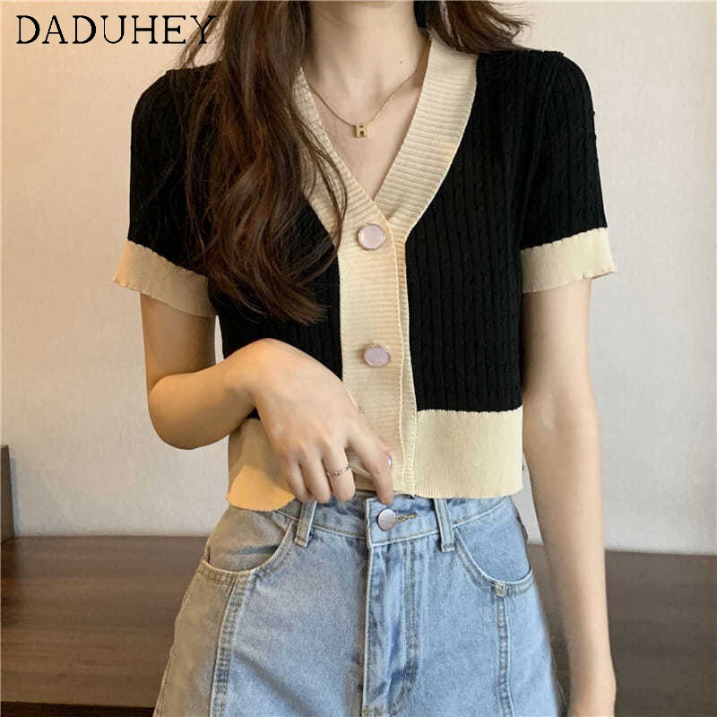 Ảnh Áo thun DADUHEY dệt kim tay ngắn cổ chữ V dáng ôm thời trang mùa hè dành cho nữ có 4 màu tùy chọn 2