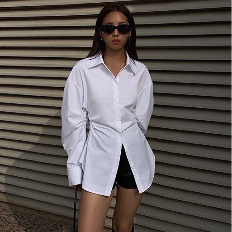 (sẵn)Áo sơ mi nữ trắng dài tay có chun eo phong cách cá tính sexy chất thô mềm dày dặn SMCE001