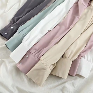 Thời Trang Hàn Quốc Nữ Tính Khí Dài Tay Rời Màu Trơn Áo Sơ Mi Phù Hợp Với Áo Baju Baju Wanita Lengan Panjang