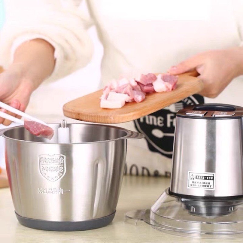 Máy Xay Thịt, Máy Xay Đa Năng Cối 2L inox Cầm Tay 2 Chế Độ 4 Lưỡi Dao Siêu Bền