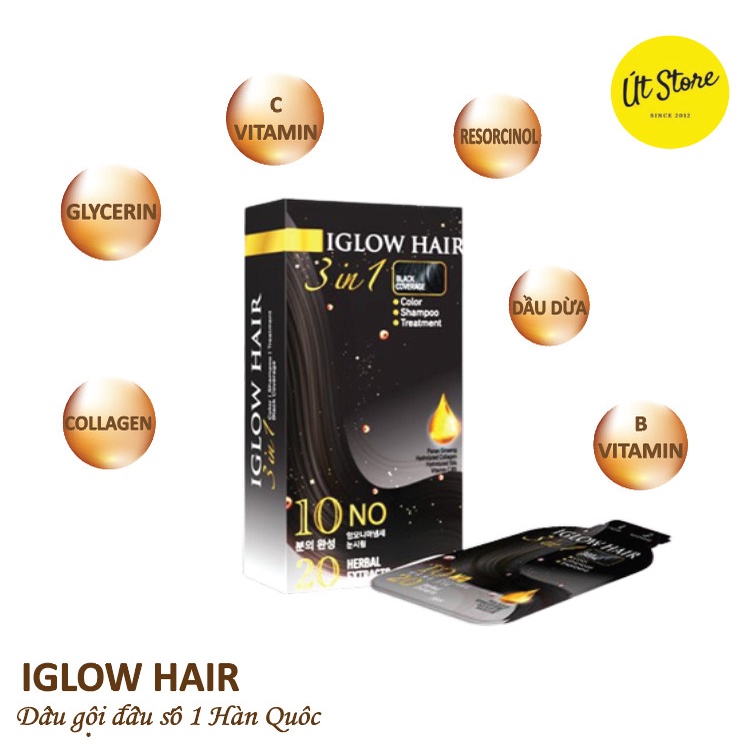 Dầu gội phủ bạc tóc Iglow Hair 3 in 1 Black Coverage Hàn Quốc - Gói 15ml, hộp 5 gói