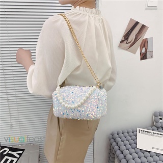 ❤Túi Xách Đeo Vai Hình Trụ Đính Kim Sa Ngọc Trai Phối Dây Xích Thời Trang Cho Nữ