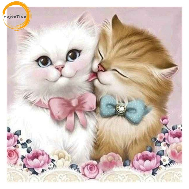 5D Tự Làm Tranh Gắn Đá Cross Stitch Cặp Đôi Mèo Tranh Gắn Đá Tròn Kim Cương Giả Thêu Động Vật