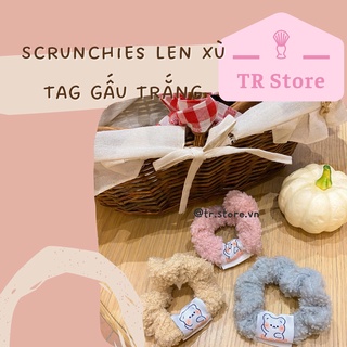 Scrunchies len xù tag gấu trắng