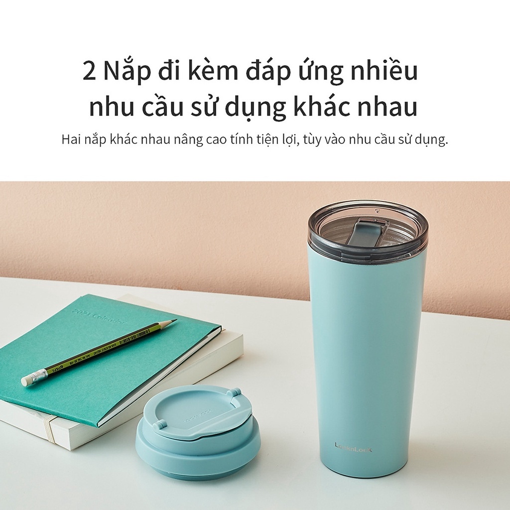 Ly giữ nhiệt LocknLock 540ml LHC4279 Màu Xanh , có 2 nắp tiện lợi, đế silicone, inox SUS304 - K-MALL