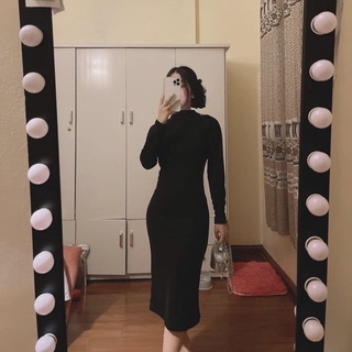 Váy body, váy len tăm cổ 3 phân, dáng ôm qua gối, thời trang nữ thu đông