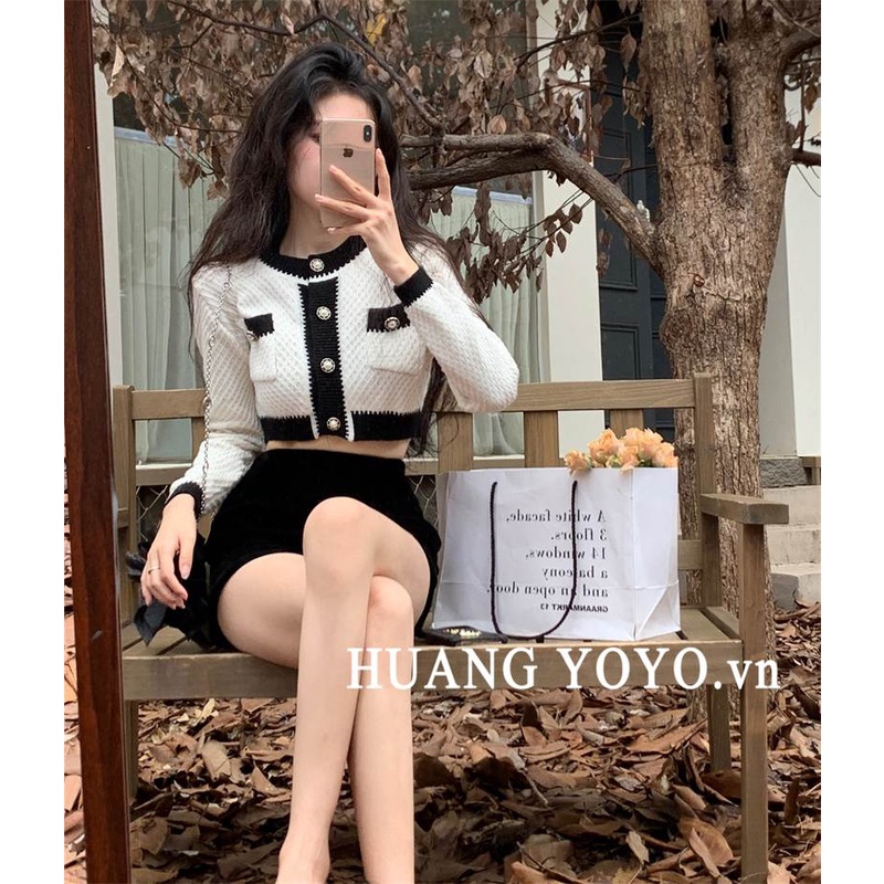 kumikumi Áo khoác cardigan dệt kim tay dài dáng ngắn phối màu tương phản thời trang Hàn Quốc cho nữ 2023 Cho Nữ croptop