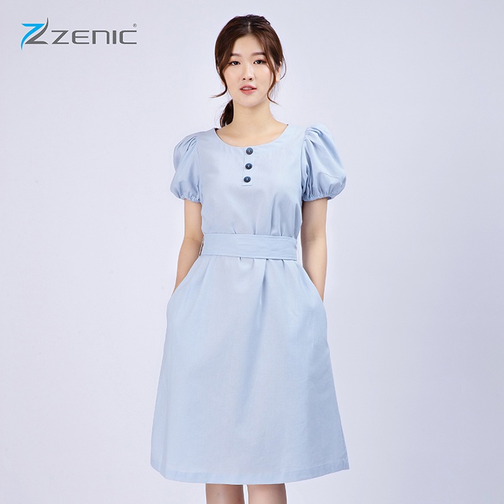 Đầm suông liền Linen Nữ tay ngắn bồng cổ tròn thắt dây đai eo 65115 – ZENIC