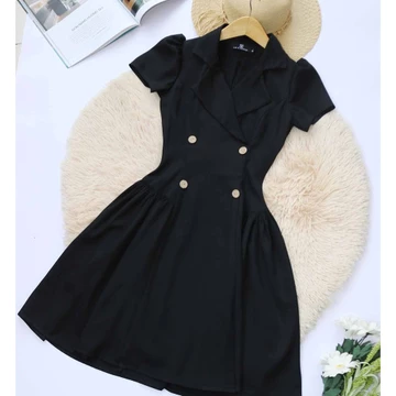 Đầm dự tiệc đen nữ thiết kế dáng xòe tay ngắn cổ vest cao cấp tôn dáng thời trang dự tiệc công sở Lux W Vest đen