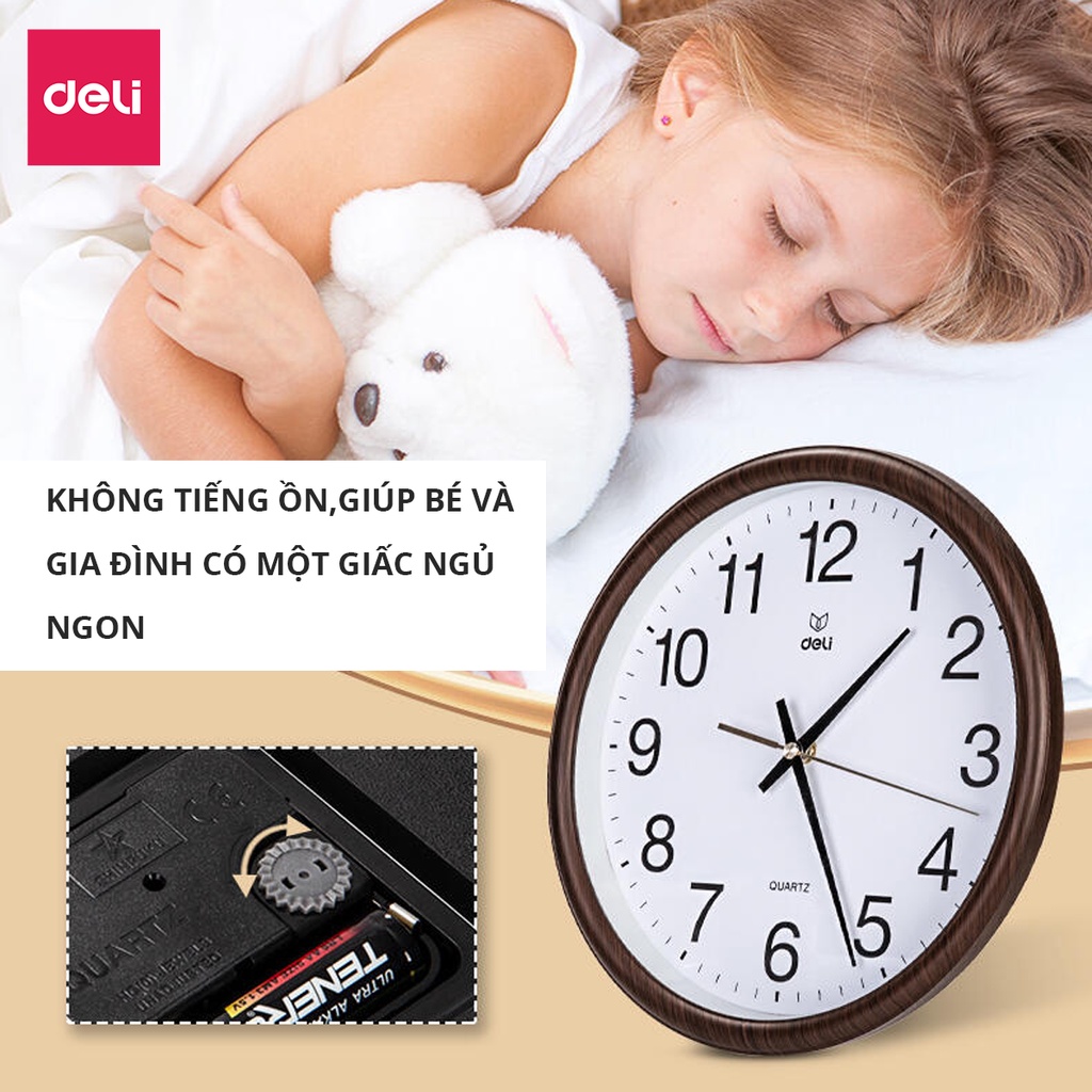 Đồng Hồ Treo Tường Vân Gỗ Cao Cấp Deli Kèm móc treo, Kim trôi Không Ồn 8842