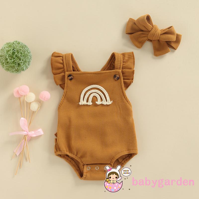 Bộ Áo Liền Quần Tam Giác Không Tay Phối Bèo Màu Cầu Vồng Kèm Băng Đô Xinh Xắn Cho Bé Gái 0-18 Tháng Tuổi