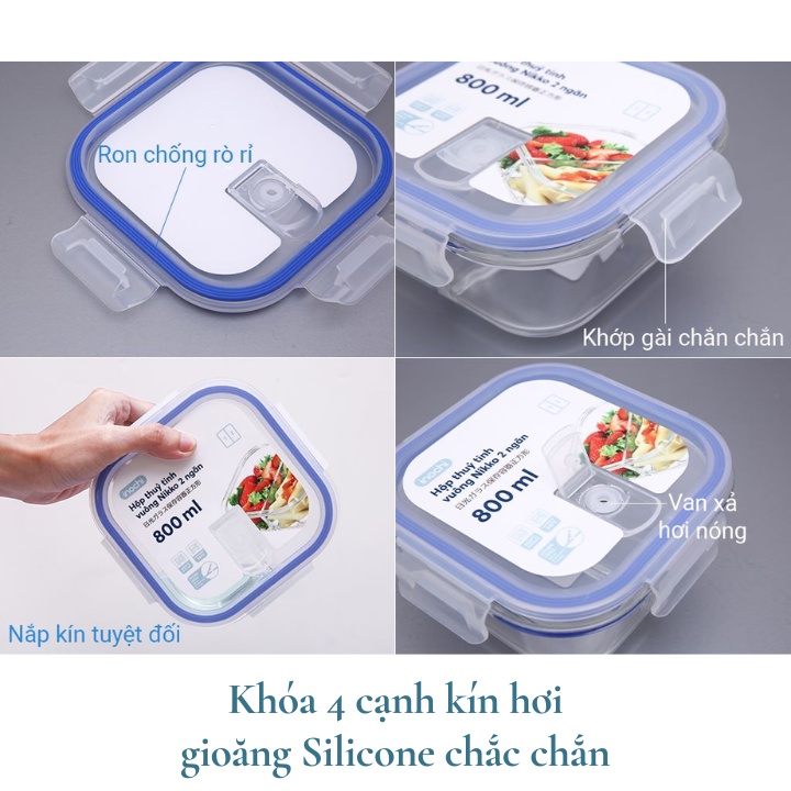 Ảnh Hộp thủy tinh chữ nhật 2 ngăn 1520 ml, đựng thức ăn văn phòng, sử dụng được trong lò vi sóng. Hộp thủy tinh đựng cơm 2