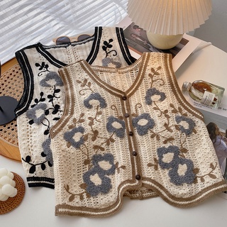 Áo Sweater Dệt Kim Sát Nách Dáng Rộng Cổ Chữ V Thêu Hoa Phong Cách Hàn Quốc Cho Nữ