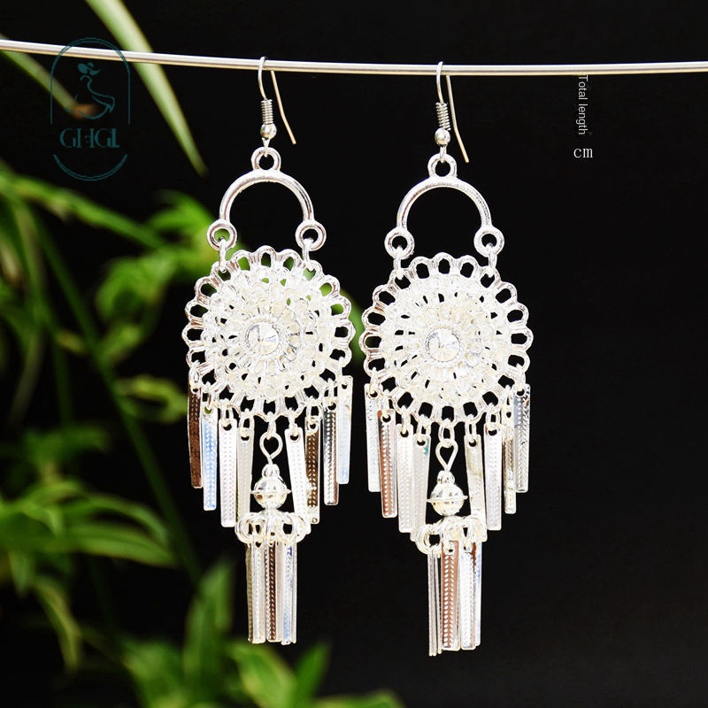 GHGl Đa Dạng Retro Miaodong Hoa Bạc Bông Tai Tua Rua Lụa Phong Cách Dài Sang Trọng Phù Hợp Với Mọi Trận Đấu Có Thể Thay Đổi Mà Không Cần Xuyên Tai Kẹp