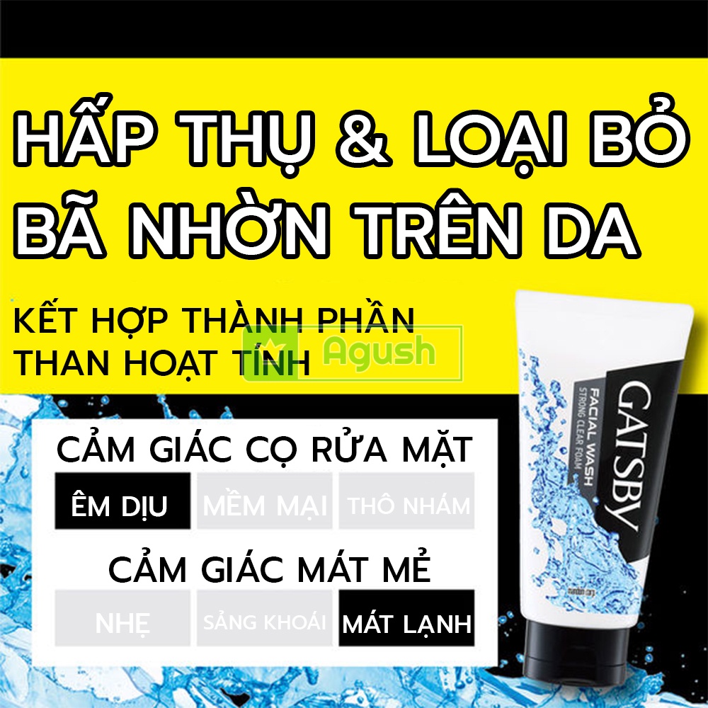 Sữa rửa mặt nam giới da dầu mụn chính hãng Gatsby Facial Wash Strong Clear Foam chai 130g than hoạt tính tạo bọt giá rẻ