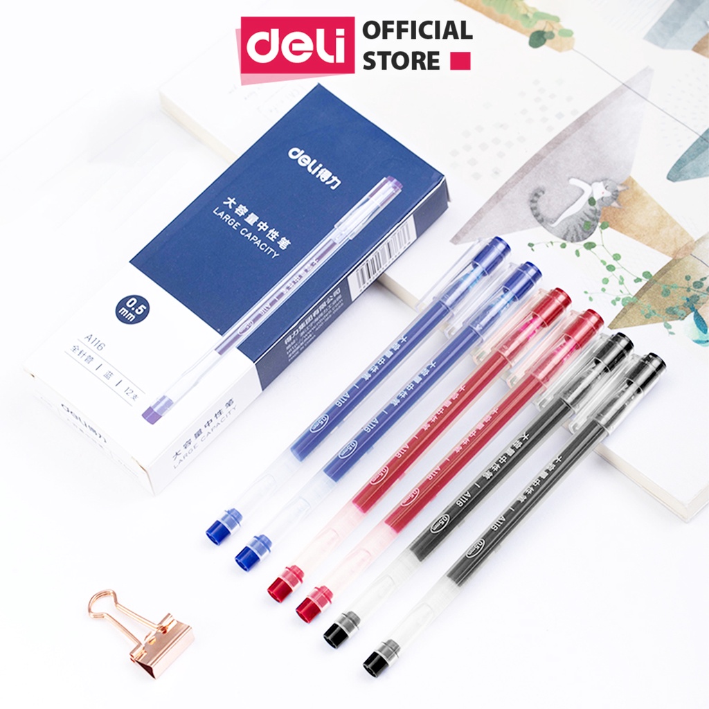 COMBO Bút gel mực nước văn phòng 0.5mm Deli ba màu xanh đen đỏ nhanh khô viết đều trơn tru lâu hết mực chất lượng A116
