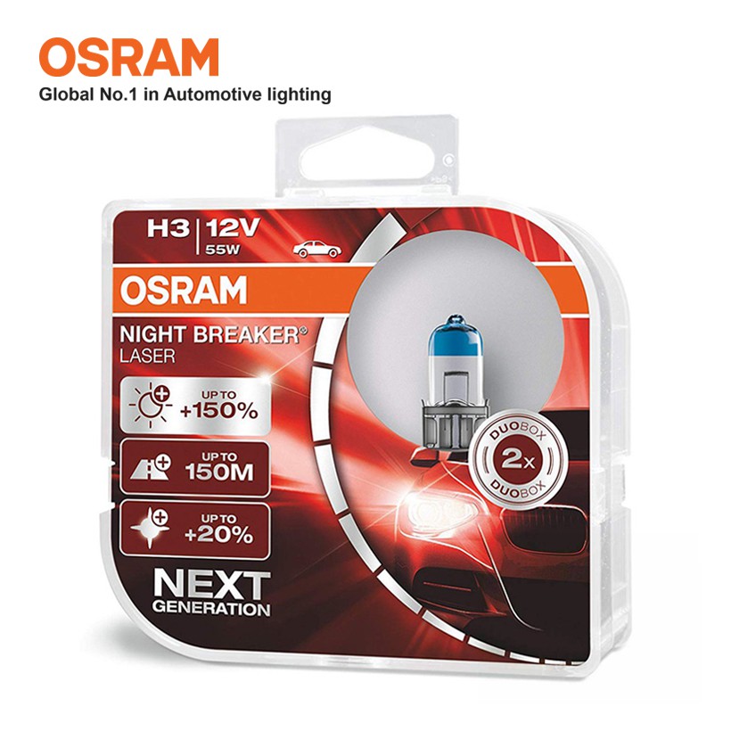 Combo 2 Bóng Đèn Halogen Tăng Sáng 150% OSRAM Night Breaker Laser Dùng Cho Xe Oto Chân H3 64151NL 12V 55W - 3200K 1450LM