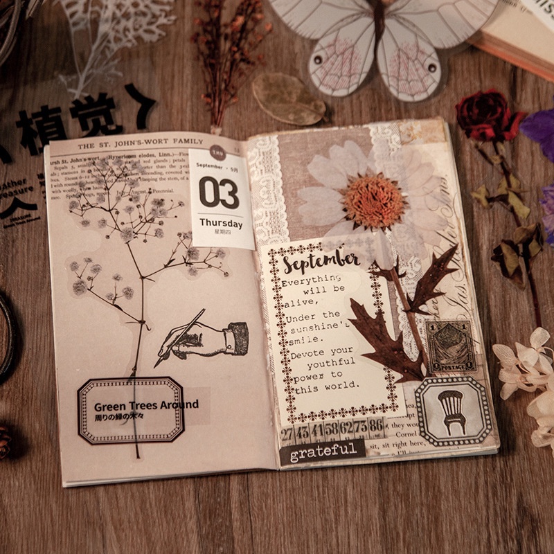 Sticker vintage set 17 miếng dán PET chống nước HD205-K61 DIY sổ tay bullet journal scrapbook album