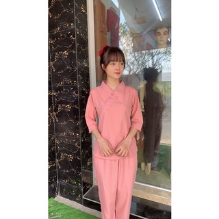 set đồ lam nữ đi chùa, áo lam đi chùa trơn đính một nút