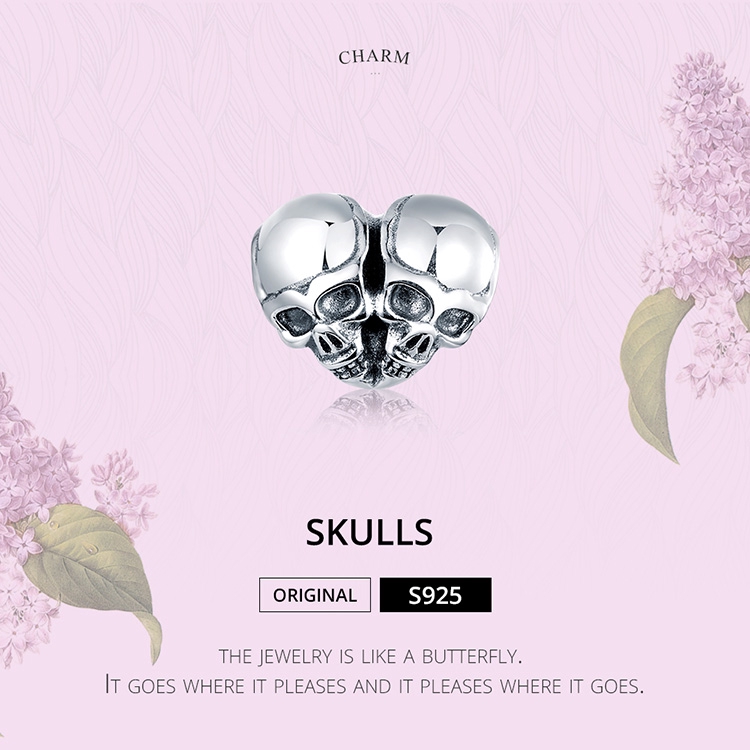 Hạt charm BAMOER SCC1519 bằng bạc 925 hình trái tim kiểu đầu lâu phong cách punk thời trang cá tính