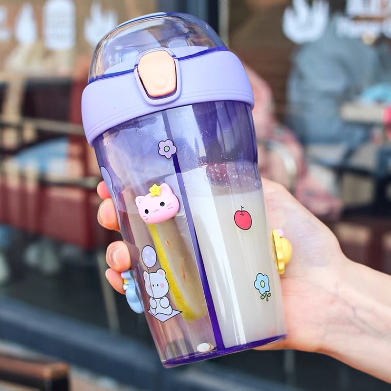 Bình nước 2 ngăn 430ml tặng kèm dán 3D và dây đeo
