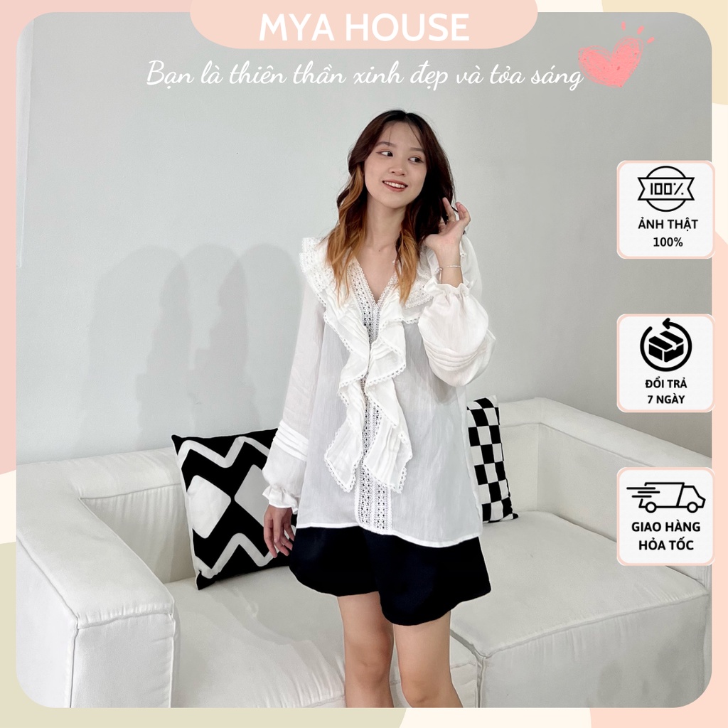 Áo trắng cổ bèo chạy ren tay bo MYA HOUSE