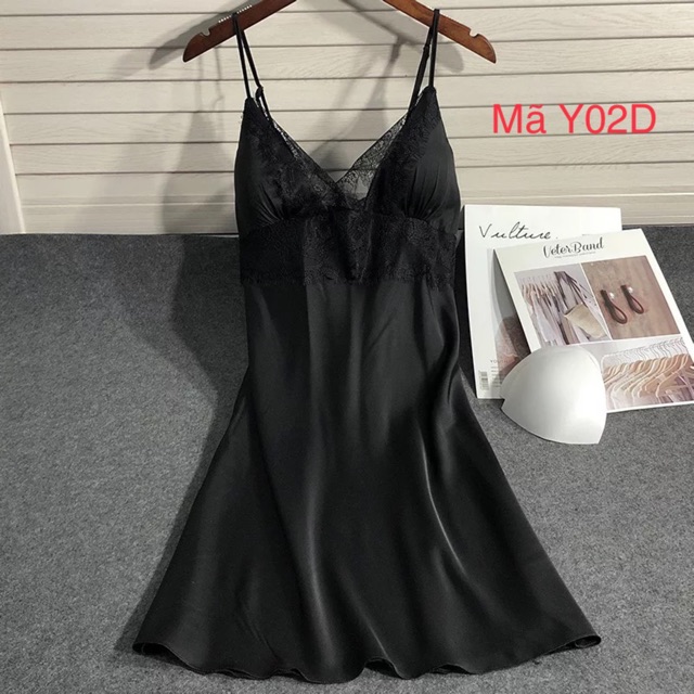 Váy ngủ lụa phối ren cao cấp 2 dây điều chỉnh , kèm mút ngực