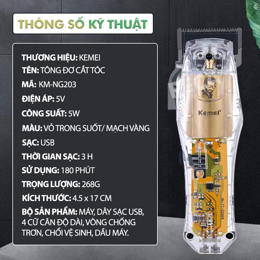 Mô tả Tông đơ cắt tóc chuyên nghiệp Kemei KM-NG203 sạc nhanh USB công suất mạnh có thể dùng cạo tóc/ fade tóc- Hàng chính hãng - 12