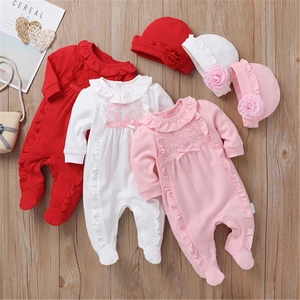Bộ áo liền quần bé gái sơ sinh Áo liền quần dài tay xù hoa 3D + Mũ