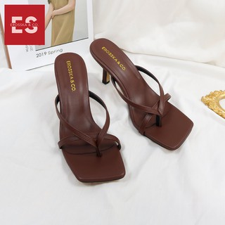 Erosska - Dép cao gót nữ mũi vuông xỏ ngón phối dây mảnh màu nâu đậm cao 7cm - EM060