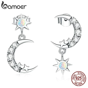 Khuyên tai Bamoer SCE1239 bằng bạc 925 không gây dị ứng hình ngôi sao và mặt trăng thời trang cho nữ